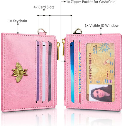 SEAVILIA Card Holder Keychain Wallet for Women with ID Window RFID Blocking Coin Purse Bee Gifts Slim Minimalist Small PU Leather
