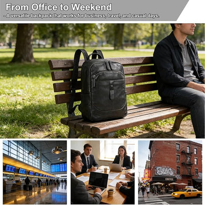 Genuine Leather Backpack for Men & Women - 15.6 Inch Laptop Backpack, Durable Business Commute Bag with Multi-Pockets for Travel & Office