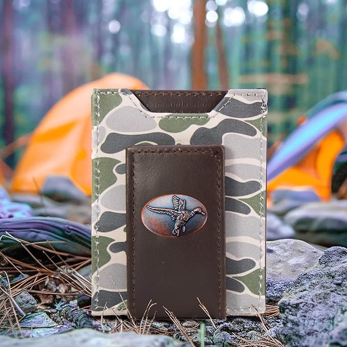 ZEP-PRO Mallard Men's Magnetic Front Pocket Old School Camo Leather Wallet – Slim Design with Card Slots and Money Clip, Green/Gray Camo