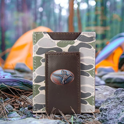 ZEP-PRO Mallard Men's Magnetic Front Pocket Old School Camo Leather Wallet – Slim Design with Card Slots and Money Clip, Green/Gray Camo