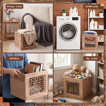Geelin 2 Pack Wood Storage Bins with Handles 11 x 11 x 11 Inch 22l Cube Multipurpose Decorative Vintage Farmhouse Wood Rope Crate Stackable Cube Containers Organizing Bins for Toy Clothes Books Office