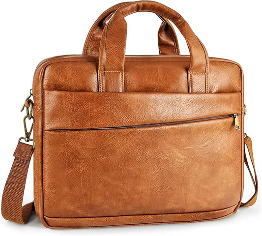 Faux Leather Messenger Bag for Men 17.3 Inch: Laptop Bag Briefcase Computer Handbags Shoulder Crossbody Bag with Padded Laptop Sleeve for Work College Travel, PU Brown