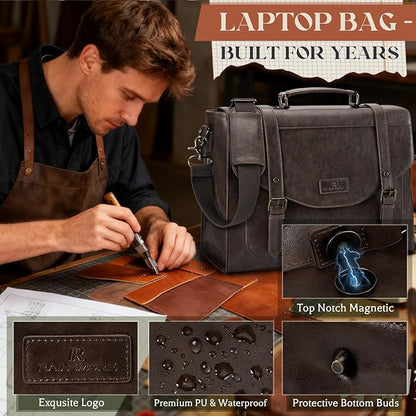 RAINSMORE Flap Messenger Bag for Men Vintage PU Leather Laptop Bag 15.6 Inch Retro Briefcase with Wallet Satchel Computer Bag