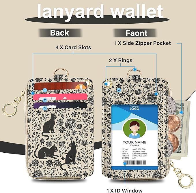Floral Cat Lanyard Wallet, PU Lanyards for ID Badge, Keychain ID Badge Holder with Breakaway Neck & Wristlet Leather Zip Id Case Wallet for Women Woker Teacher Nurse Gift