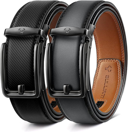 BULLIANT Men Ratchet Belt 2 Pack, Click Sliding Leather Belt Adjustable for Gift Men Dress Casual Jeans 1 3/8,Cut for Fit