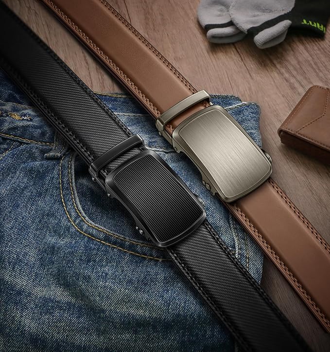 KEMISANT Men Belt 2 Pack, Leather Ratchet Belt Easy Click Slide For Men 1 3/8",Cut for Fit