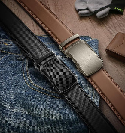 KEMISANT Men Belt 2 Pack, Leather Ratchet Belt Easy Click Slide For Men 1 3/8",Cut for Fit