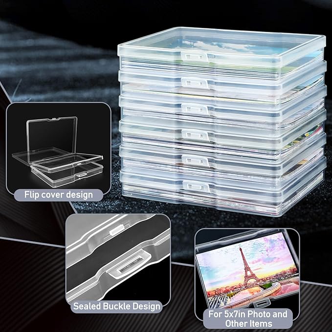 Photo Storage Box 5 x 7 Inches, 6 Pack Photo Organizers and Storage, Acid-Free Picture Storage Container, Stackable Craft Keeper for Photos, Cards, Stamps, Scrapbooking, Office Supplies etc