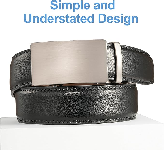 Men's Leather Ratchet Belt, 1-3/8" Wide, Auto Buckle, Trim-to-Fit, No Holes, Casual & Dress, Gift Box