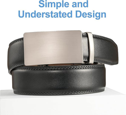 Men's Leather Ratchet Belt, 1-3/8" Wide, Auto Buckle, Trim-to-Fit, No Holes, Casual & Dress, Gift Box
