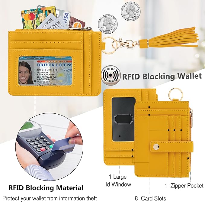 KNGITRYI Wallet Keychain Wristlet for Women,Slim RFID Credit Card Holder Purse Tassel Keychain Bangle Key Ring for Men Women