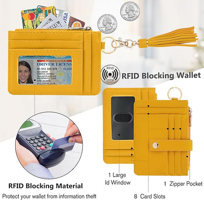 KNGITRYI Wallet Keychain Wristlet for Women,Slim RFID Credit Card Holder Purse Tassel Keychain Bangle Key Ring for Men Women