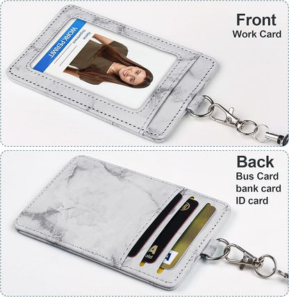 ID Badge Holder with Lanyard Marble Pattern Retractable Badge Holder PU Leather with Clear ID Window 1 Credit Card Case Name Badge Keychain Tags Protector for Women Nurse Teacher Office (Grey)