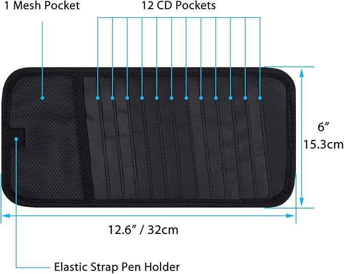 Car CD Case Holder, Wisdompro Vehicle Sun Visor Organizer for Cars with 12 DVD Storage Sleeves, 1 Mesh Pocket, 1 Pen Holder and Elastic Strap, Black