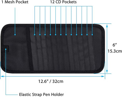 Car CD Case Holder, Wisdompro Vehicle Sun Visor Organizer for Cars with 12 DVD Storage Sleeves, 1 Mesh Pocket, 1 Pen Holder and Elastic Strap, Black
