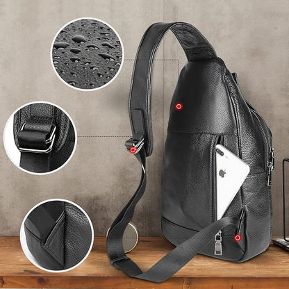 Polare Cowhide Leather Waterproof Casual Daypack Sling Shoulder Chest Crossbody Bag For Men