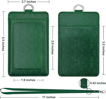 Life-Mate ID Badge Holder with 1 Clear ID Window, 1 Credit Card Slot and PU Leather Lanyard for Badge, College ID Cards in Dark Green