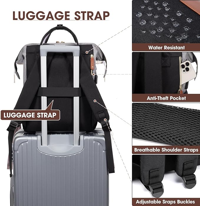 Focdod Women Laptop Backpack Work Bag: 17 inch Travel Computer Backpacks for Nurse Teacher Waterproof College Bookbag with USB Charger Anti-theft Casual Business Backpack Purse Black Grey Brown
