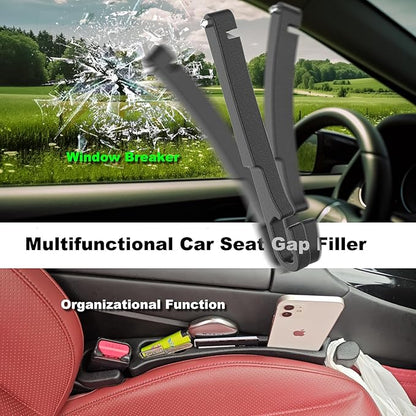 2 Pack Car Seat Gap Filler with Storage, Organizer, Hook & Emergency Glass Breaker, Universal for Cars Trucks SUVs, Stop Items from Falling