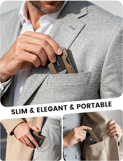 Lamicall Minimalist Metal Wallet for Men - [Mechanical Hinges][15-20 Cards] Capacity Slim Wallets, Credit Card Holder, Money Clip & Cash Strap, RFID, Gifts for Men Father Dad Mom, Metal Wooden Brown