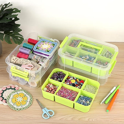 JUXYES 4-Tiers Stack Carry Storage Box With 2 Divided Tray, Transparent Stackable Storage Bin With Handle Lid Latching Storage Container for School & Office Supplies, Green