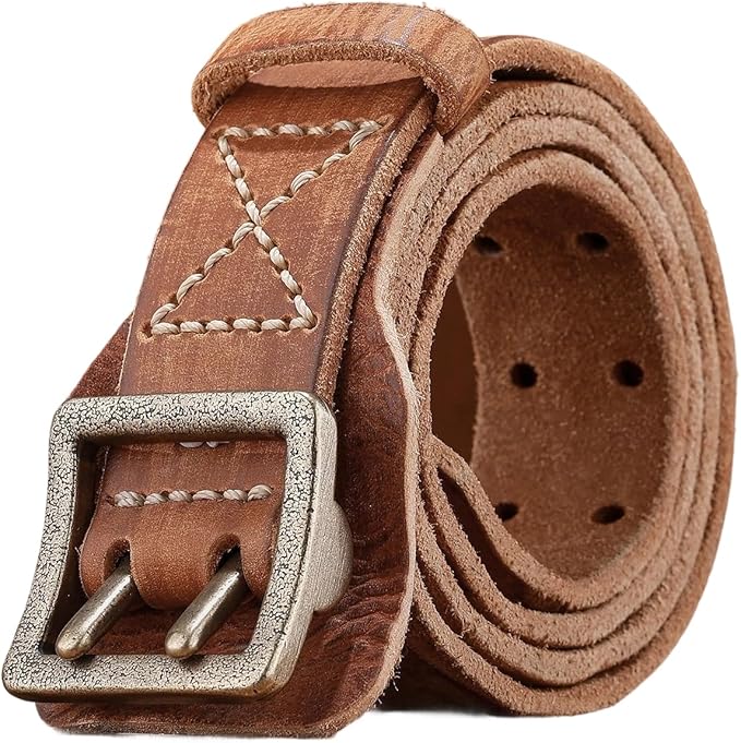 Handcrafted Vintage Style Leather Belt, Brown Full-Grain Leather, Brass Buckle, Double Stitched Design, Casual Wear