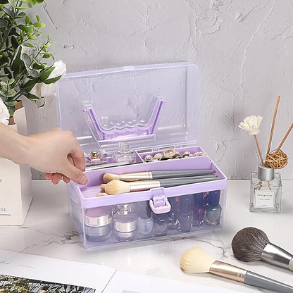 BTSKY Multipurpose Plastic Craft Storage Containers with Removable Tray, Clear Plastic Storage Box with Lid & Handle, Easy Carry & Stack Small Storage Container, 8.5x5x4.9 Inch, Rectangle-Purple