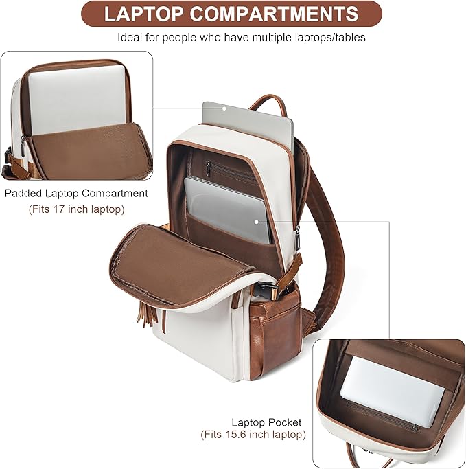 Shrrie Vegan Leather Laptop Backpack for Women,17 Inch Computer Backpack Purse for Work Business College Travel Teacher Nurse with Anti-theft Pocket & Giant Tumbler Holder Pocket,Beige with Brown