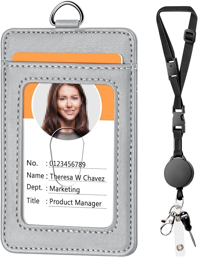 Leather Badge Holder and Adjustable Retractable Lanyards, Quick Release Buckle and Safety Breakaway Lanyards with Swivel Metal Clasp for Offices, Staff, Students, Employees