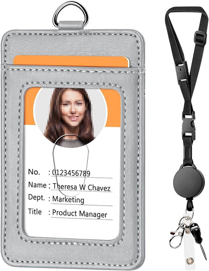 Leather Badge Holder and Adjustable Retractable Lanyards, Quick Release Buckle and Safety Breakaway Lanyards with Swivel Metal Clasp for Offices, Staff, Students, Employees