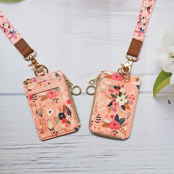 bolimoss Lanyard with Wallet,Zip ID Case with Lanyard,Lanyard Badge Holder,Lanyard Wallet for Women,Fashion Lanyard Wallet, ID Case Wallet with Lanyard（Pink Floral）