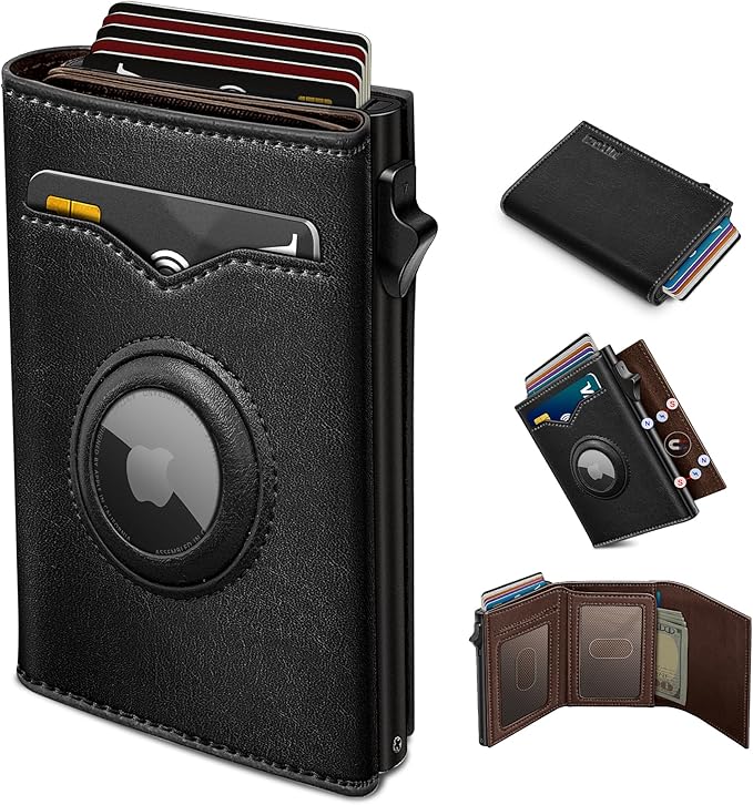 miyozi Airtag Wallet for Men,with Cash Pocket 2 ID Window 9-12 Cards,Metal Case Smart Slim Pop Up Credit Card Holder Flip with Magnetic Closure RFID Blocking Trifold wallet with Gift Box