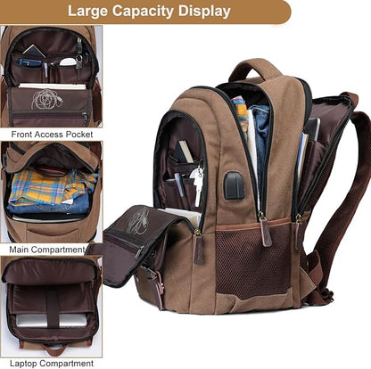 Mactso Canvas Travel Laptop Backpack for Men Women, Business Work Rucksack College School Computer Bag Fits 15.6 Inch Notebook,Bookbag with USB Charging Port (Coffee, 15.6 Inch)