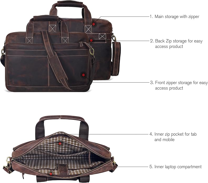Oak Leathers Leather Messenger Bag for Men and Women - Laptop Briefcase Bag For College, Office, Adjustable Shoulder Strap