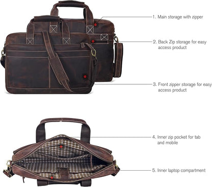 Oak Leathers Leather Messenger Bag for Men and Women - Laptop Briefcase Bag For College, Office, Adjustable Shoulder Strap