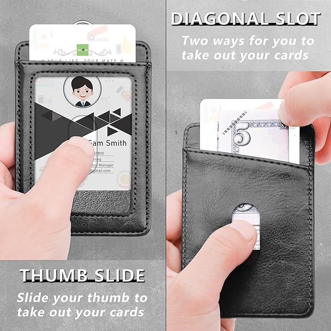 PU Leather ID Badge Holder, Life-Mate ID Badge Holder with 2 Thumb Slide Slots 1 Diagonal Slots Nylon Lanyard for ID Credit Card Business Card in Black (1 Pack)