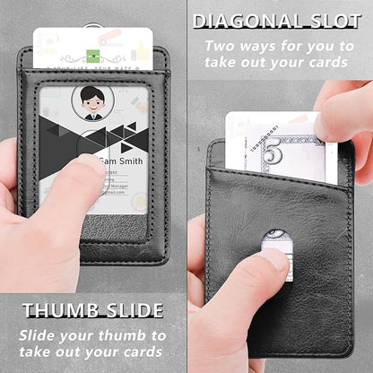 PU Leather ID Badge Holder, Life-Mate ID Badge Holder with 2 Thumb Slide Slots 1 Diagonal Slots Nylon Lanyard for ID Credit Card Business Card in Black (1 Pack)