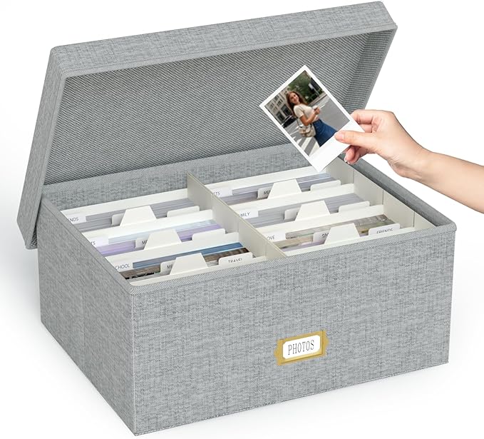 Decorative Photo Storage Box - Linen Photo Box Organizer with Dividers, Fits Holds Up to 1700 Pictures and 5x7 Photos, Memory Keepsake Organizer for Photos, Scrapbook Supplies, Cards, Stamps (Grey)