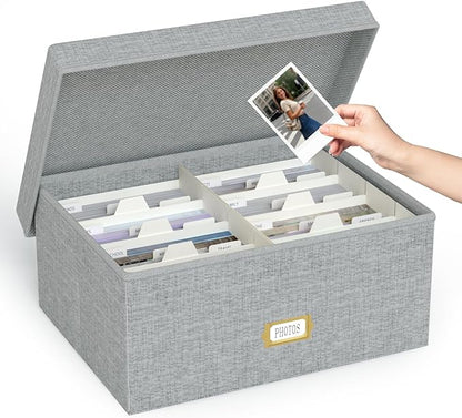 Decorative Photo Storage Box - Linen Photo Box Organizer with Dividers, Fits Holds Up to 1700 Pictures and 5x7 Photos, Memory Keepsake Organizer for Photos, Scrapbook Supplies, Cards, Stamps (Grey)