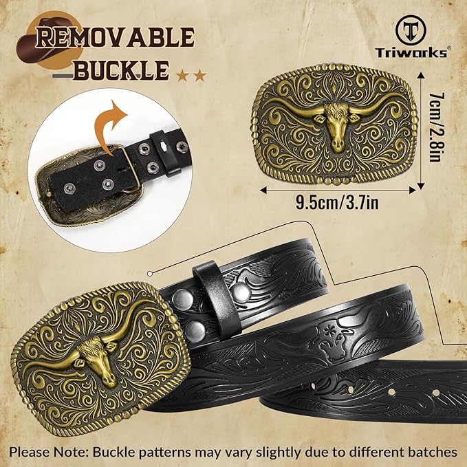 TRIWORKS Western Belt for Men Women Cowboy Engraved Belt Western Buckle Embossed Leather Belt
