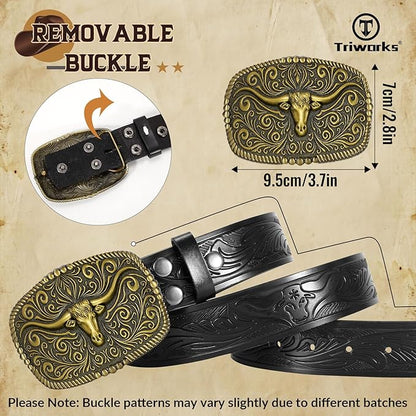 TRIWORKS Western Belt for Men Women Cowboy Engraved Belt Western Buckle Embossed Leather Belt