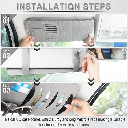 alpmosn Sun Visor CD Case Holder for Car - Multi-Function Visor Organizer with CD/DVD Storage, Eyeglass Clip, Card Slots & Pen Holder, Durable Leather Car Accessories (Grey)