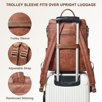 Shrrie Laptop Backpack for Women 15.6 inch,Travel Leather Backpack Purse Nurse Teacher Carry on Backpack Computer Bag,Professional Water-Resistant College Business Work Casual Daypack,Nubuck Brown