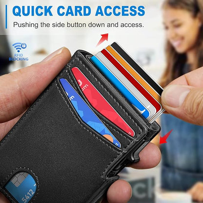 miyozi Wallet for Men, Magnetic Minimalist Slim Wallet with Pop Up Card Holder, 9 Cards RFID Blocking Metal Credit Card Case, Leather Wrapped Money Clip, ID Window & Small Item Slot, Gift Boxed