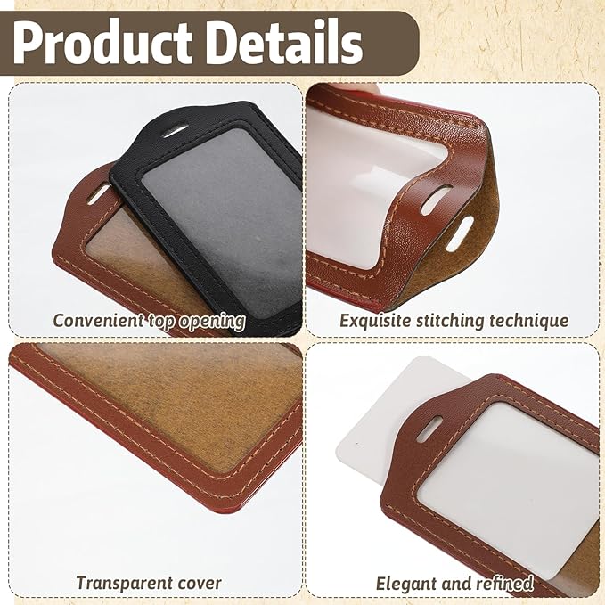 2 Pack Vertical Leather ID Badge Holder, Double-Sided Clear Window Card Protector Pouch, Waterproof Name Badge Holder for Office Staff Students School ID Credit Cards, Black Brown