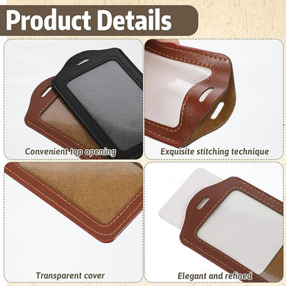 2 Pack Vertical Leather ID Badge Holder, Double-Sided Clear Window Card Protector Pouch, Waterproof Name Badge Holder for Office Staff Students School ID Credit Cards, Black Brown