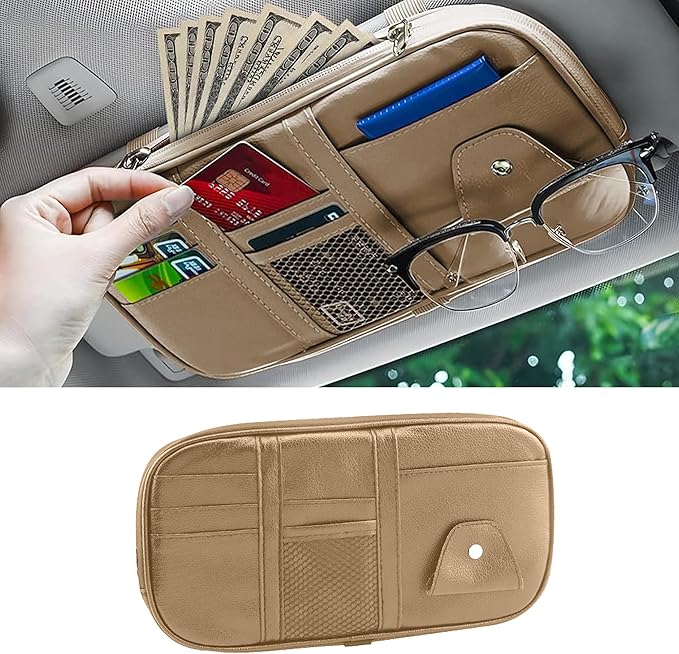 Car Sun Visor Organizer, Sunglass Holder and Storage Pocket, Card Cash Pouch with Multi-Pocket Net Zipper, Case Bag for License Pen Key, Auto Accessories for Truck, SUV, Van (Beige)