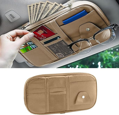 Car Sun Visor Organizer, Sunglass Holder and Storage Pocket, Card Cash Pouch with Multi-Pocket Net Zipper, Case Bag for License Pen Key, Auto Accessories for Truck, SUV, Van (Beige)