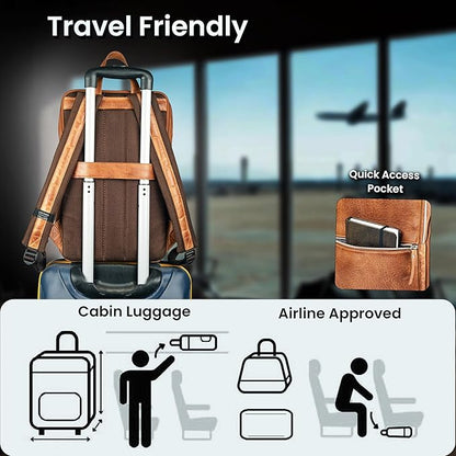 LEATHER VILLAGE Leather Laptop Backpack for Men | Camel Brown | Slim Professional Business Bag Fits 15.6”-Laptop | Water-Repellent Work & Travel Daypack with Trolley Strap