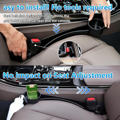 Seat Gap Filler Compatible with Kia Sportage.Deeper Than Standard Retail Models(7.5cm)|Added Cup Holder (2 Fixed Points) + Hooks + Charging Cable Port |2pcs Black| Free Window Break Hammer 1pcs|